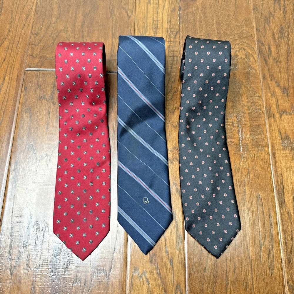 Vintage Christian Dior Monsieur Silk Tie Lot Medallion Stripe 3" Classic Bundle